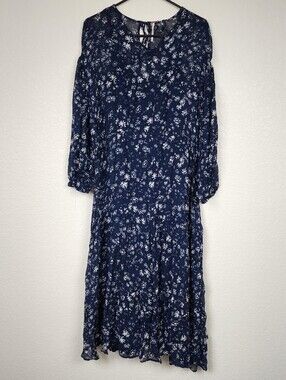 Free People Navy Blue Floral Midi Long Sleeve Dress